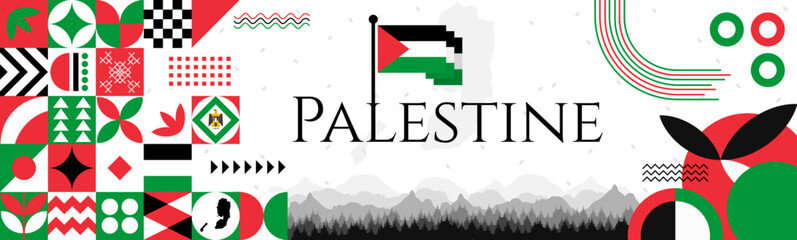 The Palestine Independence Day abstract banner design with flag and map. Flag color theme geometric pattern retro modern Illustration design. Red, green and Black color template. © Hadducc