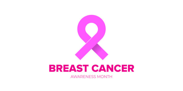 Breast cancer awareness month concept horizontal banner design template with pink ribbon and text isolated on white background. October is Breast cancer awareness month vector flyer or poster