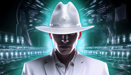Hacker with white hat. Concept of ethical hacking, dark web, cybercrime, cyberattack