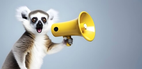 Fototapeta premium Lemur animal announcing using hand speaker. Notifying, warning, announcement