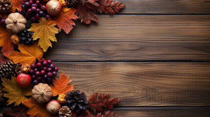 Autumnal wreath adorned with colorful leaves, acorns, and berries, creating a festive Thanksgiving background, Background, Thanksgiving,