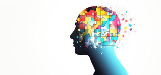 Head profile with jigsaw puzzle pieces falling apart. Alzheimer's and dementia, mental illness and brain disorder vector illustration
