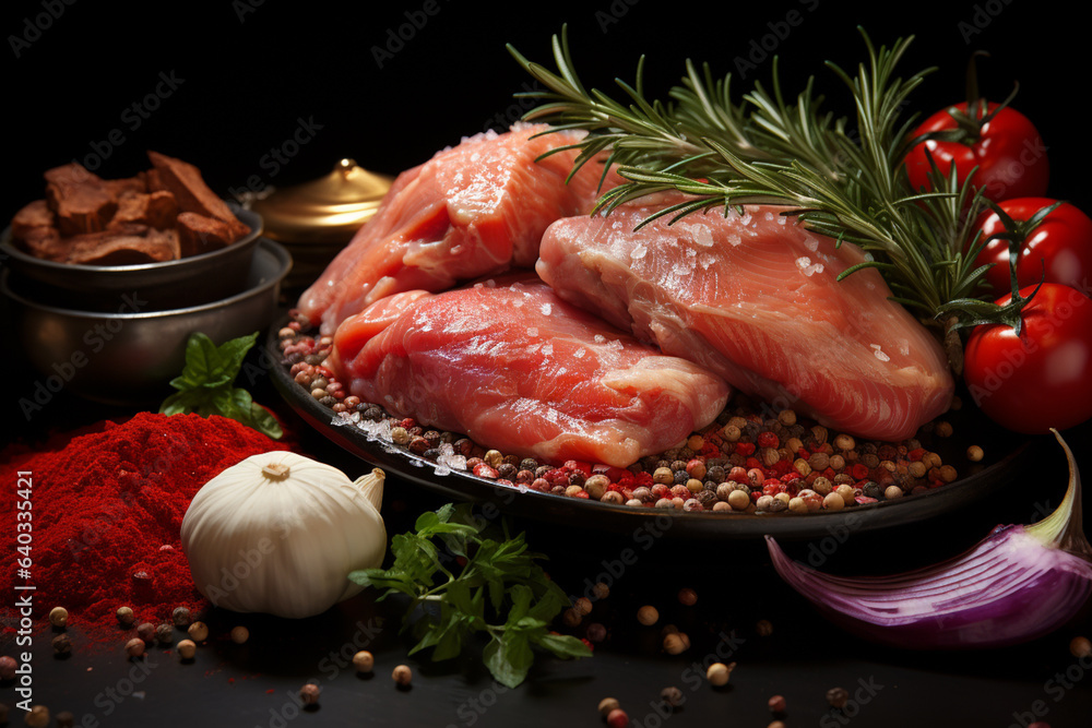 Poster raw chicken meat parts with spices and herbs for cooking on dark background. generative ai technolog