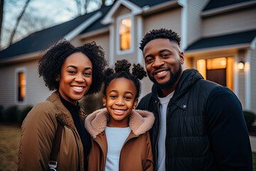 African American family in front of newly bought house ownership smile proudly at real estate success.generative ai - obrazy, fototapety, plakaty