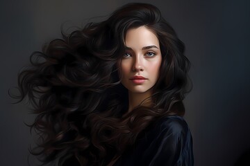 Portrait of beautiful brunette woman with long healthy curly hair