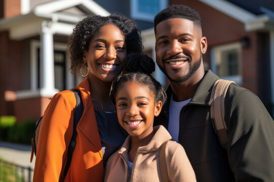 African American family in front of newly bought house ownership smile proudly at real estate success.