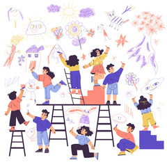 Children Drawing on Wall with Colorful Crayons Vector Illustration