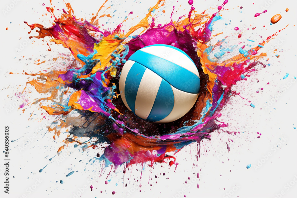 Aufkleber a captivating image of a volleyball covered in splashes of colorful paint, showcasing the athleticis