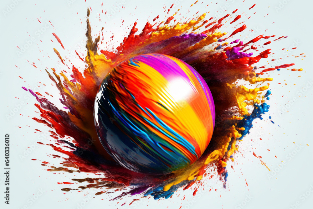 Poster a visually appealing image of a cricket ball immersed in a burst of vibrant paint, representing the 