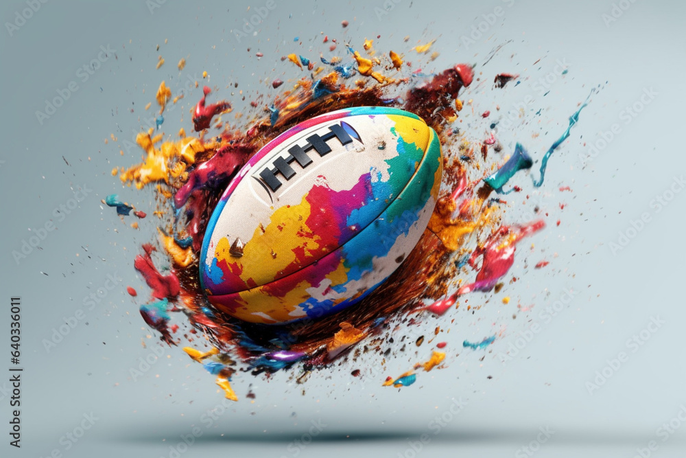 Poster a creative representation of a rugby ball splashed with colorful paint, conveying the intensity and 