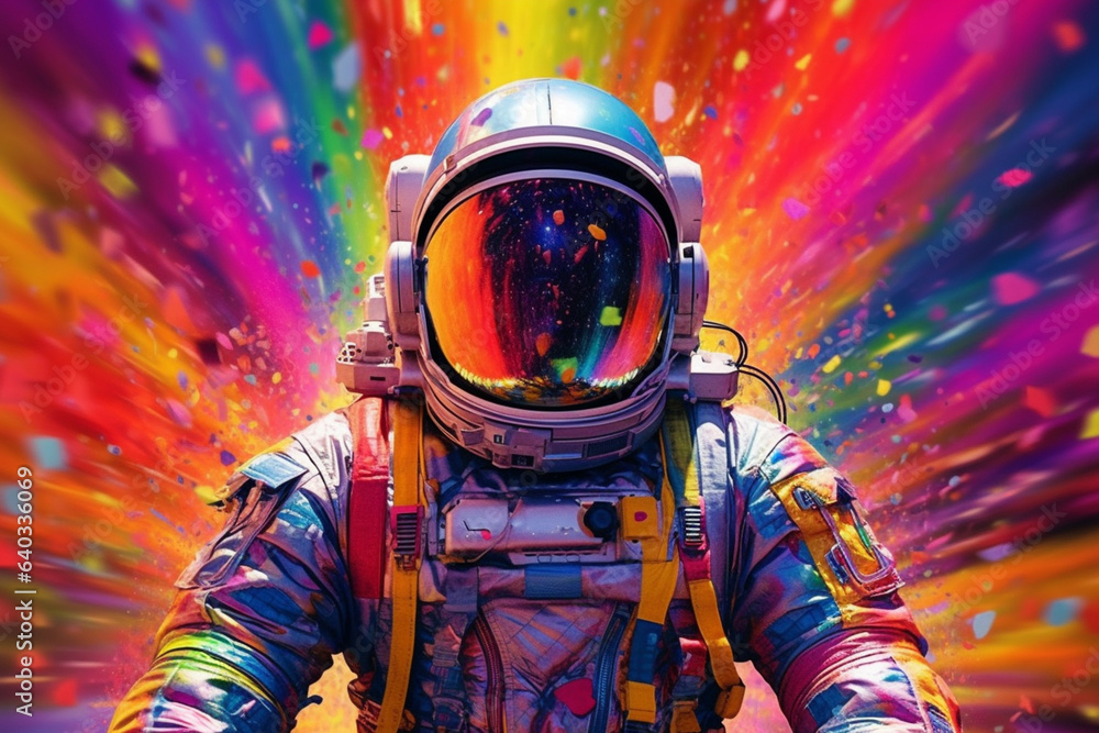 Poster a visually stunning digital artwork showcasing a cosmonaut in a spacesuit, with a colorful rainbow p