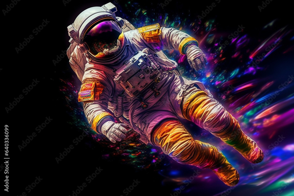 Poster A captivating digital artwork depicting a cosmonaut floating in zero gravity, with colorful rainbow streaks following their movement. Generative AI technology.