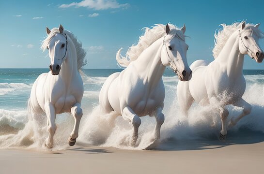 Experience the stunning beauty of white horses in full gallop on the beach. Three majestic white horses in a breathtaking beach run, creating a stunning coastal spectacle.