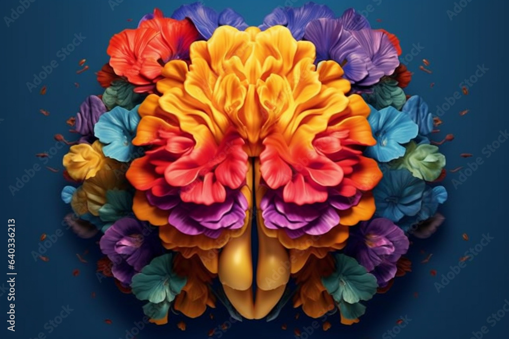 Poster a digital illustration presenting a symmetrical and kaleidoscopic brain formed by overlapping flower