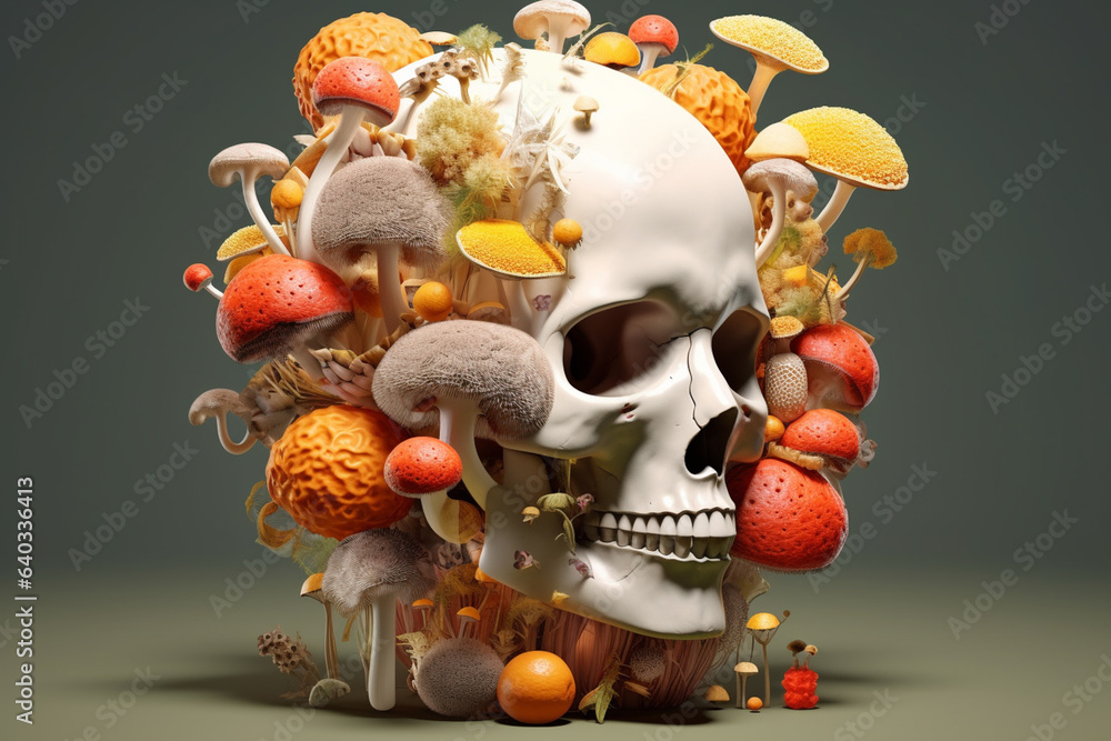 Poster a creative interpretation of the human head using mushrooms as building blocks, showcasing the intri