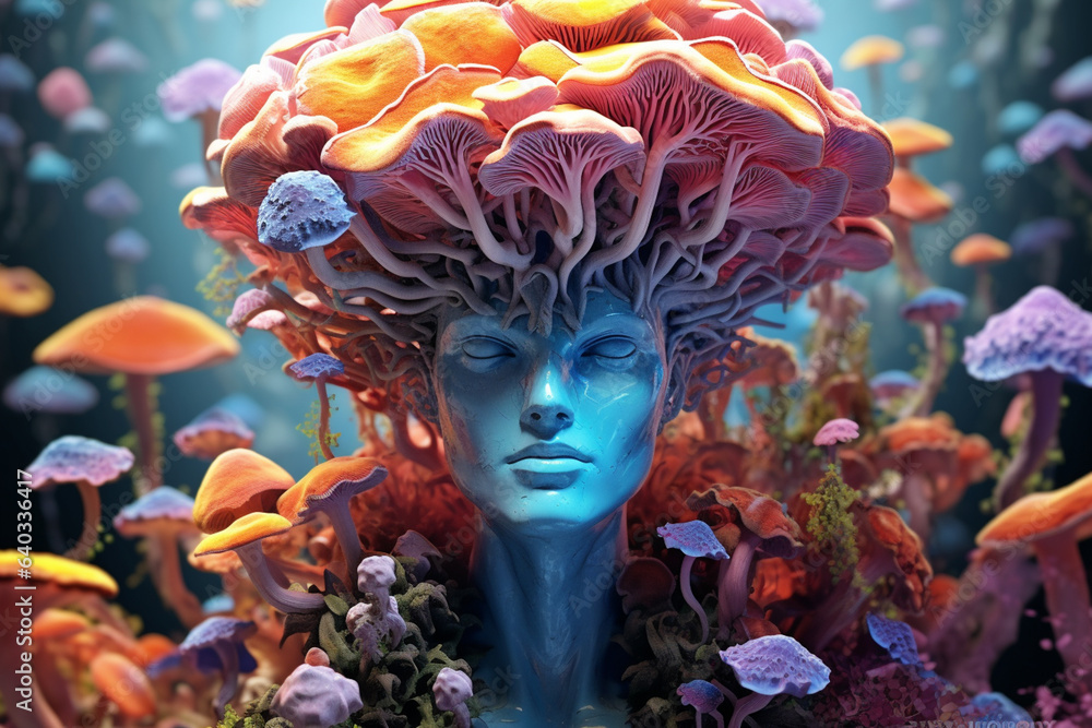 Poster A digitally rendered image featuring a surreal amalgamation of mushrooms forming the structure of the human head. Generative AI technology.