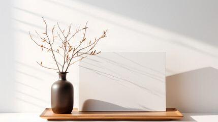 Modern, minimal square wooden podium tray on glossy white table counter, vase of tree twig, leaf shadow on wall background