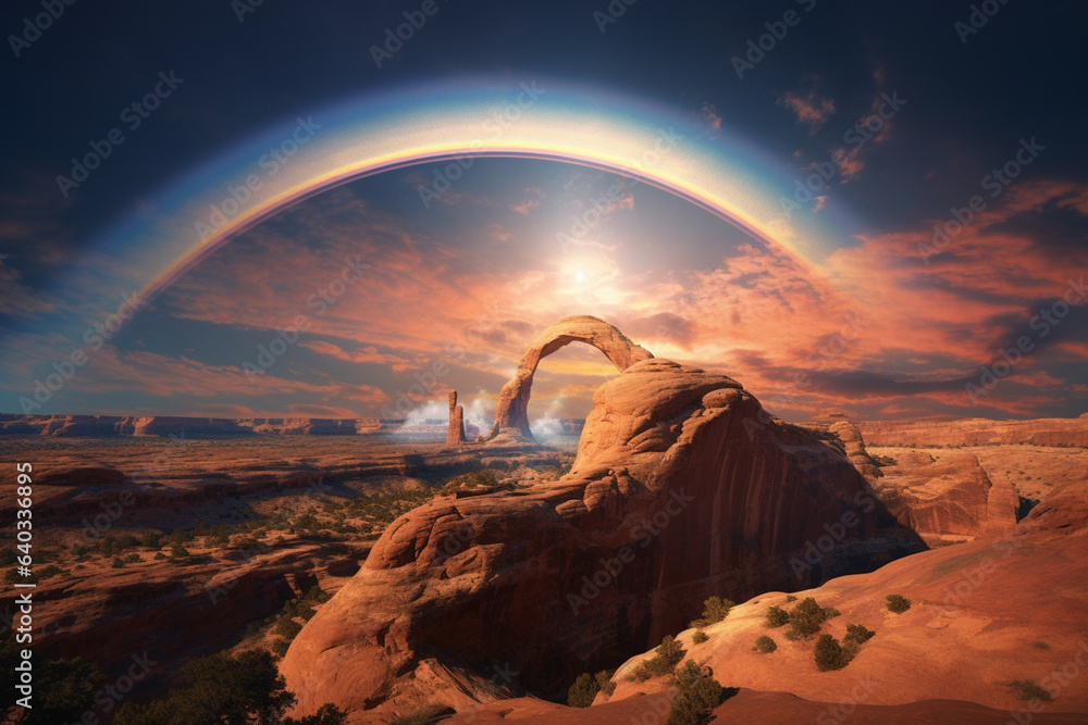 Fototapete a surreal image of a rainbow bridge appearing to float in mid-air, surrounded by an otherworldly lan