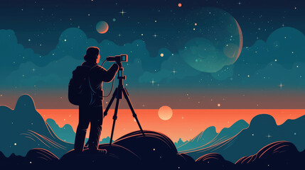 Astronomy vector illustration. Flat tiny space research study person concept. Explore stars and galaxy knowledge with telescope. Horoscope zodiac education with astrology methods - obrazy, fototapety, plakaty