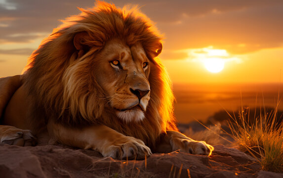 A majestic image of a lion in the golden glow of a breathtaking sunset, showcasing the beauty of wildlife in nature's splendor.