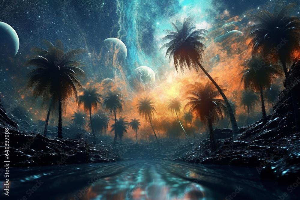 Poster Cosmic Oasis: An abstract representation of palm trees set against a backdrop of swirling galaxies and cosmic clouds. Generative AI technology.