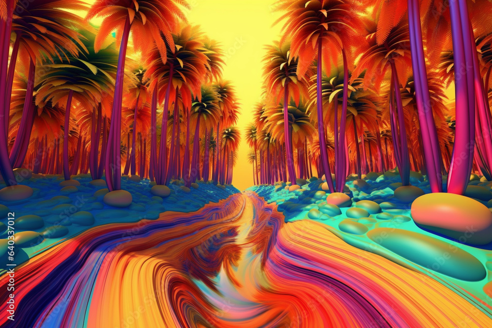 Poster an abstract depiction of palm trees in a surreal landscape, where the trunks twist and turn like flo