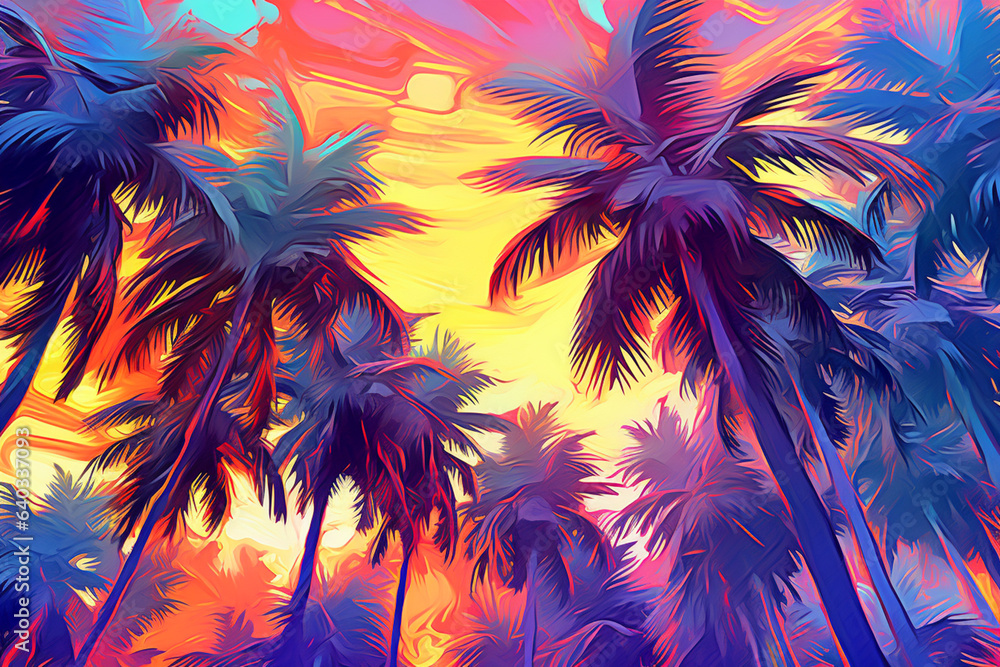 Aufkleber An explosion of vibrant colors characterizes this abstract image of palm trees in a surreal landscape. Generative AI technology.