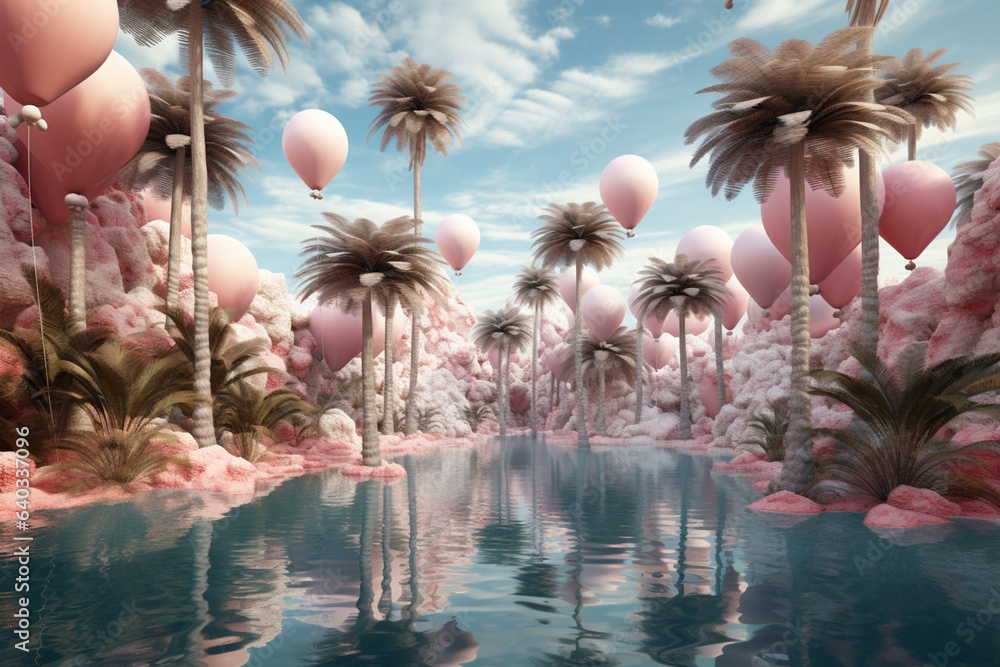 Poster floating paradise: a captivating scene of palm trees seemingly suspended in mid-air, defying gravity
