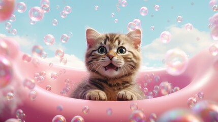Cute kitten in pink inflatable bath with soap bubbles. Funny pet.