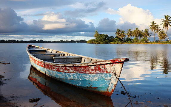 
A serene Caribbean scene featuring a calm river, a boat, swaying palm trees, and the endless expanse of a blue sky.