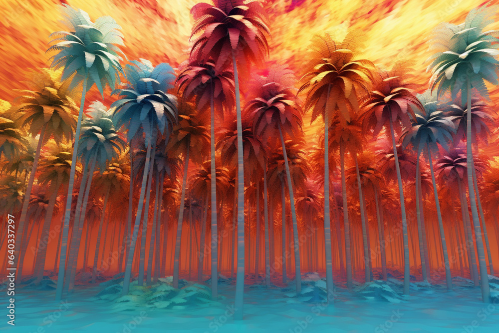 Poster Palm Tree Symphony: A symphony of colors and shapes, featuring palm trees in an abstract surreal landscape. Generative AI technology.
