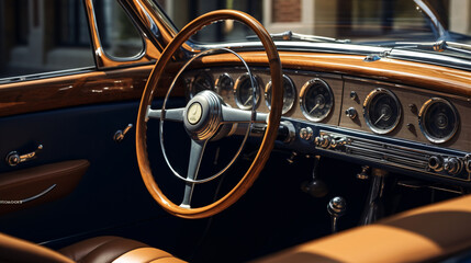 Wooden and Steel Steering Wheel in a Luxury Retro Cabriolet Car