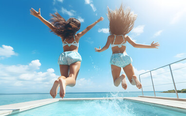 
Dynamic image: Two girls jump into swimming pool on summer day, blue skies, long hair, youth. Joyful splash.