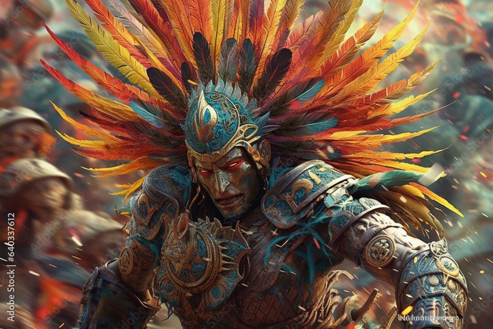 Aufkleber Battle of the Elements: A dynamic image showcasing an abstract Aztec warrior engaged in a battle surrounded by elemental forces. Generative AI technology.