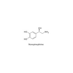 Norepinephrine  flat skeletal molecular structure α1 agonist drug used in cardiovascualr problems, shock treatment. Vector illustration.