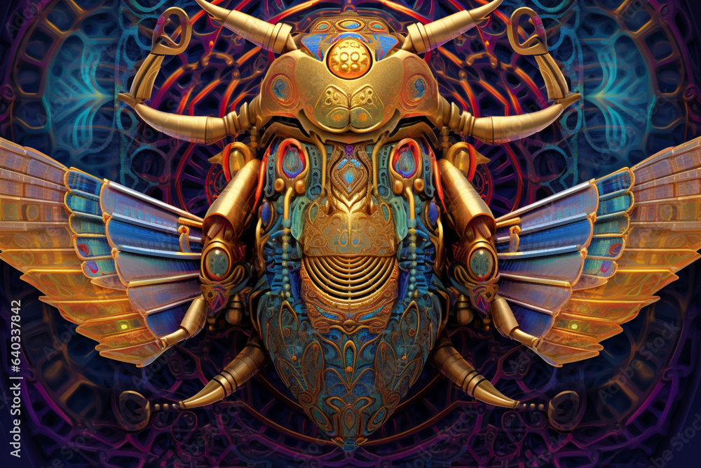 Poster Scarab's Resilience: An intriguing image of an abstract Egyptian God associated with the scarab beetle. Generative AI technology.