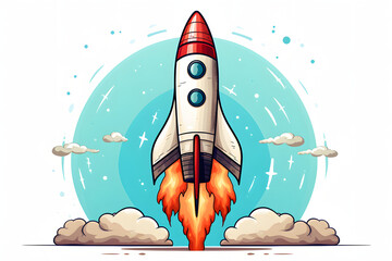 Colorful illustration as a Rocket soars through clouds. Vibrant adventure.