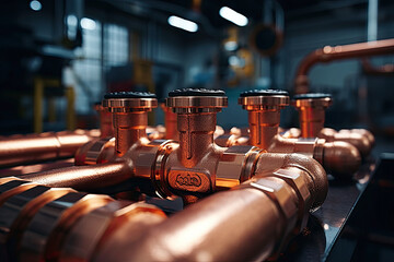 photograph of Plumbing service. copper pipeline of a heating system in boiler room. - obrazy, fototapety, plakaty