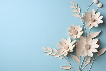Blue background adorned with 3D white flowers. Dimensional elegance.