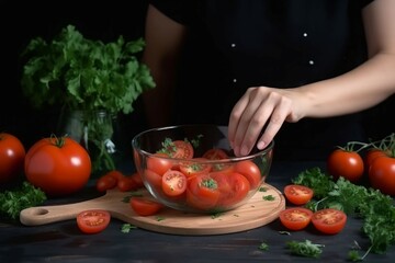 Obraz na płótnie Canvas Hand making tomato salad. Generate Ai