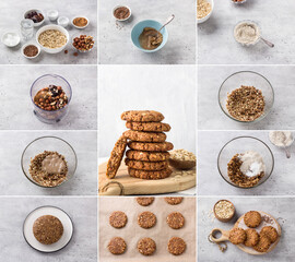 Cooking vegan oatmeal cookies with nuts and flaxseed, collage, do it yourself, step by step, ingredients, cooking steps, final dish on a gray stone table