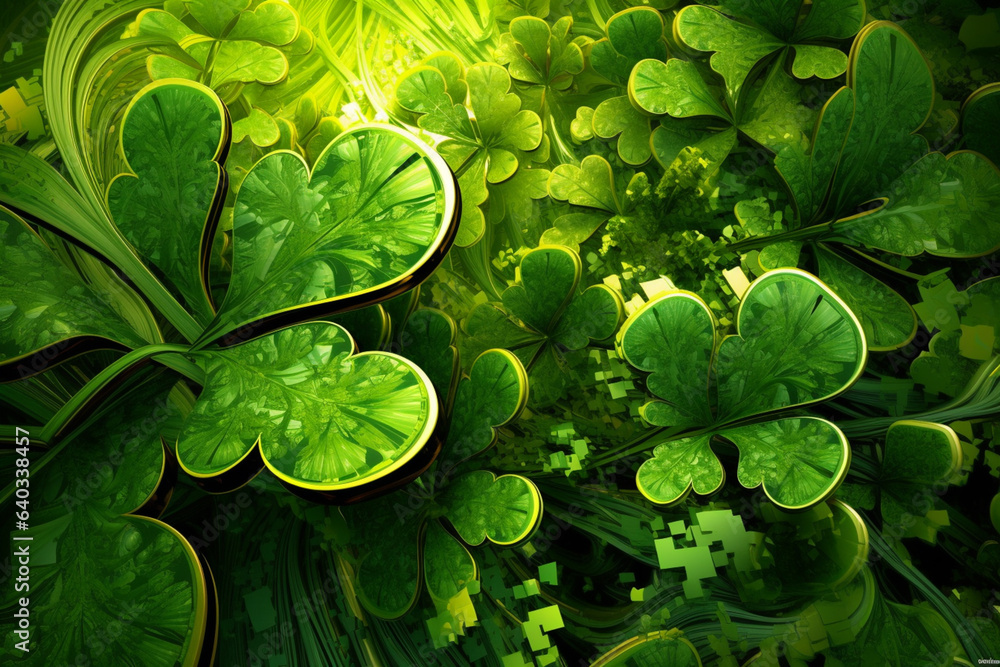 Fototapete An abstract image featuring vibrant green hues and intricate patterns that form a collection of shamrocks, the iconic symbol of St. Patrick's Day. Generative AI technology.