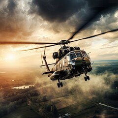 military helicopter in the sunset sky among the clouds
