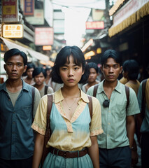 Fototapeta premium A group of young Thai people on the streets of Thailand. Generative AI.