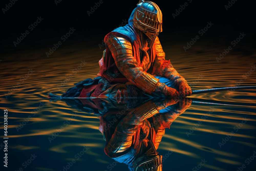 Poster samurai reflection: an image featuring an abstract samurai figure reflected in still water, with dis