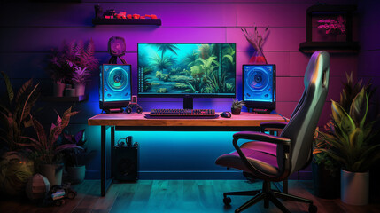 Gaming desk setup in a teenager room. Generative AI
