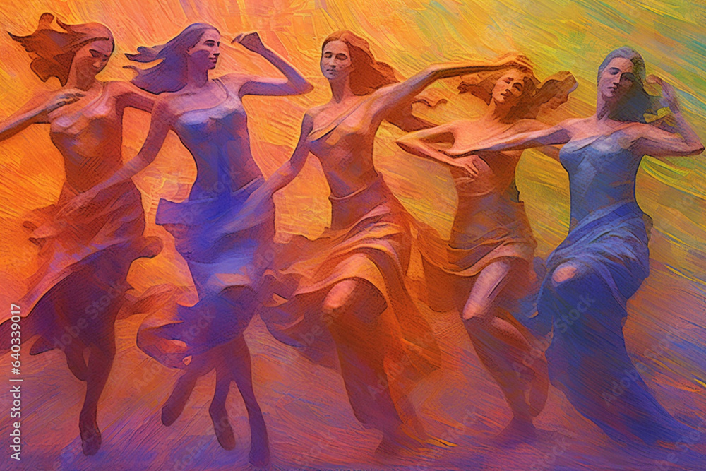 Aufkleber an abstract depiction of sumerian dancers in motion, with flowing lines and vibrant, energetic color