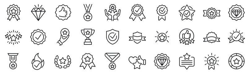 Set of 30 outline icons related to quality, badge, success. Linear icon collection. Editable stroke. Vector illustration - 640339074