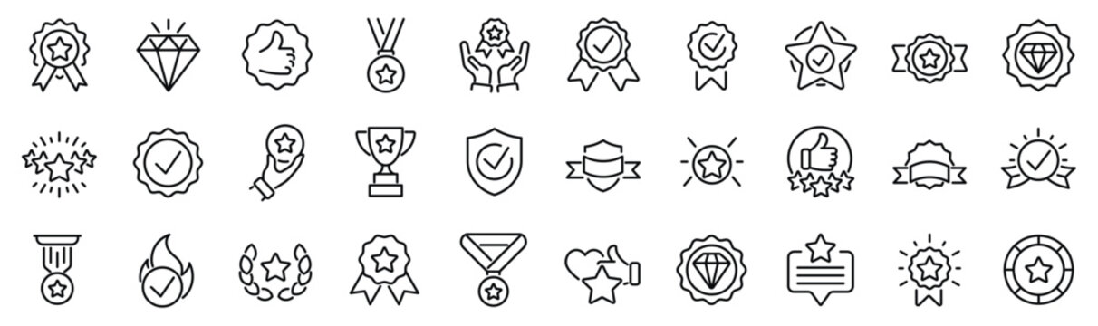 Set of 30 outline icons related to quality, badge, success. Linear icon collection. Editable stroke. Vector illustration