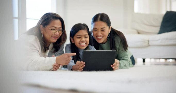 Child, mom and grandmother in home with tablet to play video games, watching movies and elearning app. Generation of happy family, girl kid and digital tech for streaming cartoon multimedia on floor
